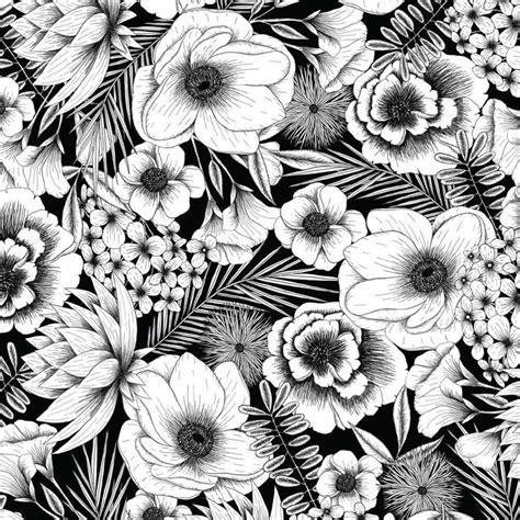 Black and white floral pattern. Black and White Modern Botanical Floral Pattern - Line ...