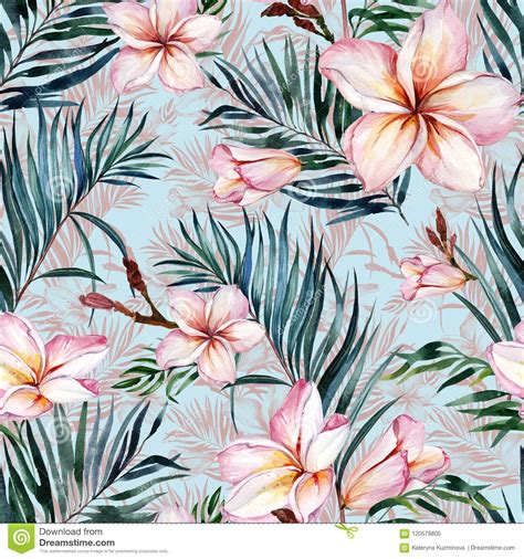 A perfect decoration for your interior. Pink Plumeria Flowers And Exotic Palm Leaves In Seamless ...