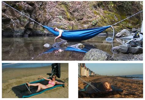 You could even dig a hole in the ground to build a temporary hot tub right in the sand (or in the snow) by securing the hammock within the hole. The Relaxing Hot Tub Hammock | wordlessTech