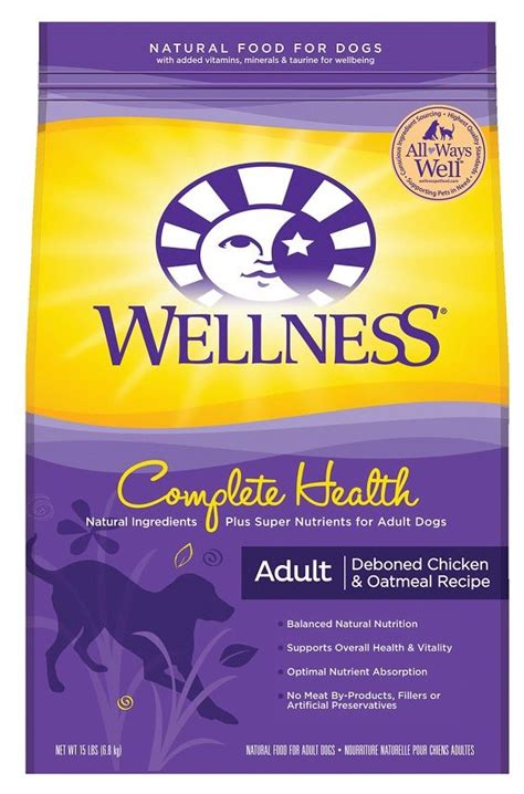 The ingredients in this dog food from wellness natural pet food include chicken, oatmeal, barley, brown rice, white fish, flaxseed, canola oil, carrots and other vegetables. Wellness Complete Health Adult Deboned Chicken & Oatmeal ...