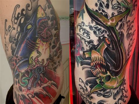 Consult your tattoo artist for advice on what clothing to wear/avoid. Left shark healed 7 years, right is fresh. Done by Alan ...