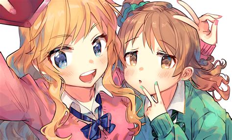 I'm sakamoto is a japanese manga series written and illustrated by nami sano. 2girls blonde hair blue eyes bow brown eyes brown hair camera close idolmaster idolmaster ...