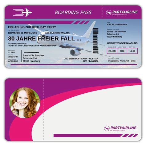 Damit der look auch richtig gut zur geltung kommt, solltet ihr die gutscheine auf festerem papier ausdrucken. Einladungskarte als Flugticket Boarding Pass mit Bild ...