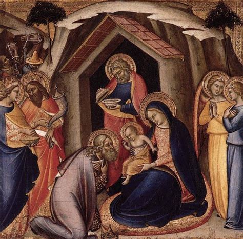 It is also told that the wise men come from the orient on their camels to visit the houses of all the children; The Adoration of the Magi - Luca di Tommé - WikiArt.org