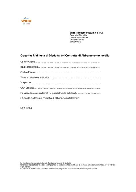 Tutti i moduli, le modalità, tempi e costi per disdire la vodafone station. Disdetta Contratto Mobile Wind.wps da Utente - Wind ...