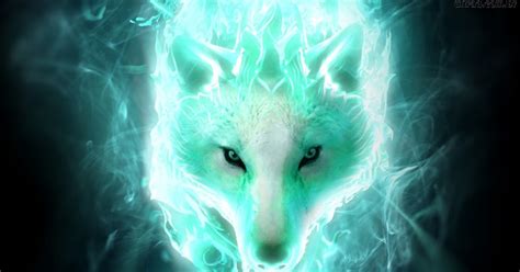 Fox girl, sword, flame, animal ears, nine tails, green eyes. Blue Flame Mystical Galaxy Wolf Wallpaper - Images | Slike