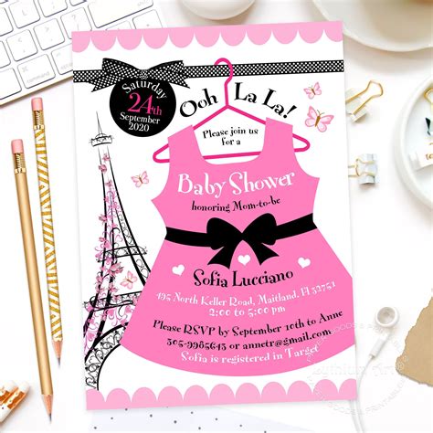 Cute pink hearts and eiffel tower paris lover design. Paris Baby Shower Invitation, Eiffel Tower Invitation ...