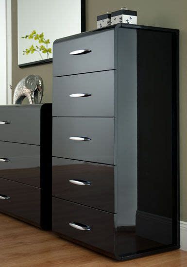 All of our bedroom furniture has been carefully selected for quality, durability, style and also comes with a 12 month warranty from the manufacturer, for your peace of mind. Black high gloss chest. http://www.worldstores.co.uk/p ...