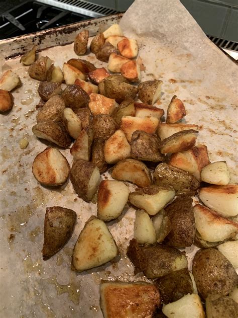 Return to a boil, reduce to a simmer, and cook until a knife meets little resistance when inserted into a potato chunk, about 10 minutes after returning to a boil. Roasted potatoes. The baking soda made a huge difference ...