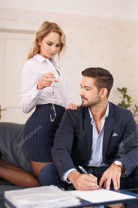 Hot blonde receives bukkake and creampie. Hot secretary offering handcuffs for young CEO — Stock ...