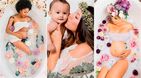 Both mamas and babies can benefit from the lactic acid and fat protein in a milk bath. How To Take Milk Bath Maternity Photos