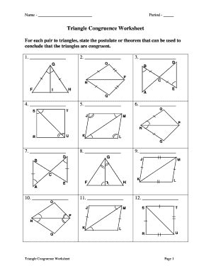 In say 2 similar triangles, the angles in both the figures will be the same. Fillable Online Triangle Congruence Worksheet - Team Tapia ...