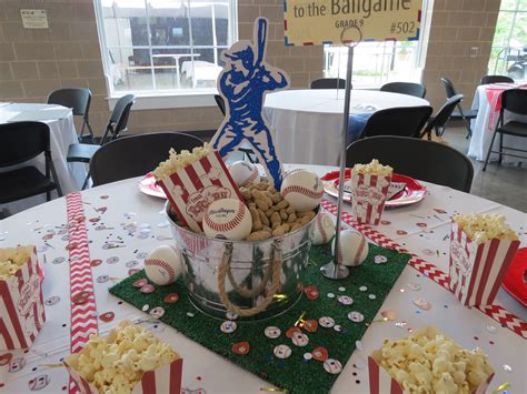 Provide your guests with snacks of the sort typically found at a baseball game like popcorn, peanuts, and cracker. Baseball themed centerpiece Westminster Schools of Augusta ...