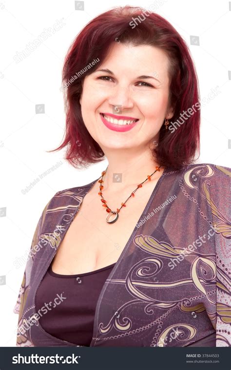 Skinny and mature homemaker masturbates with dildo. Beautiful Mature Redhead Isolated On White Stock Photo ...