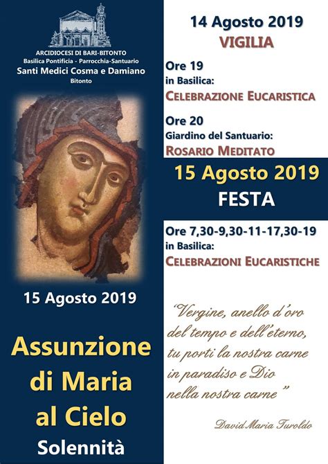 Per essere stata la madre di gesù, figlio unigenito di dio, e per essere stata preservata dalla macchia del peccato, maria, come gesù, fu risuscitata da dio per la vita eterna. ASSUNZIONE DI MARIA AL CIELO - News - Santi Medici Bitonto