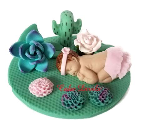 Baby shower cake decoration ideas. Fondant Cactus Rose and Succulent Baby Shower Cake Topper ...