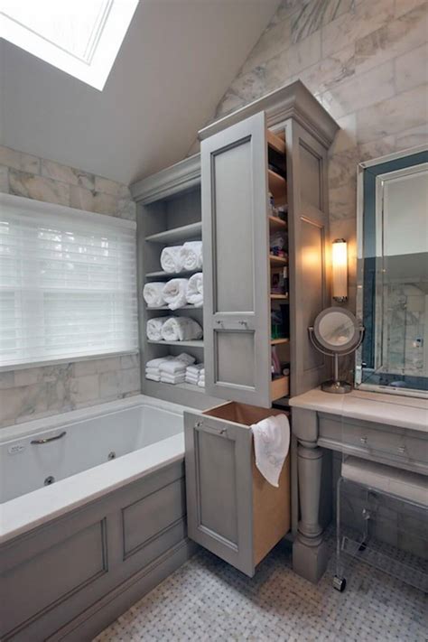 06 of 18 use a bath caddy to pick up your vanity's slack 25 Best Built-in Bathroom Shelf and Storage Ideas for 2021