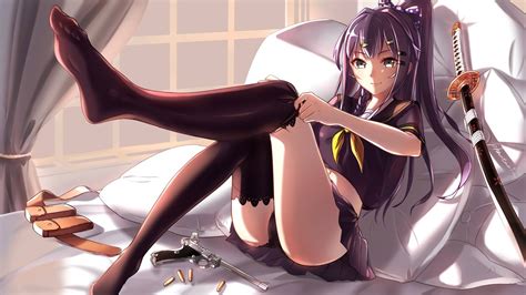 Pretty brunette masturbates in black stockings and panties. ammunition, Houkai Gakuen, anime girls, black panties ...