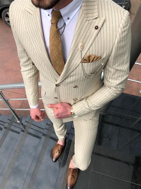 10 shirt & suit combinations for men to look sharp. Kingston Beige Striped Suit - brabion in 2020 | Slim fit ...