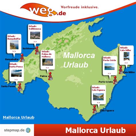 Wunderschöne strände, abwechslungsreiches und ursprüngliches hinterland und viel zu erleben zwischen dem lieblichen süden östlich von palma und dem landschaftlich reizvollen nordwesten der insel mit seinen. Mallorca Urlaub von weg.de - Landkarte für Mallorca