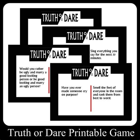 Playing truth or dare do not require much preparation or expensive materials, and can be enjoyed by friends, groups of couples, at a party or a night meeting; Truth Or Dare Printable Game Cards | Good truth or dares ...