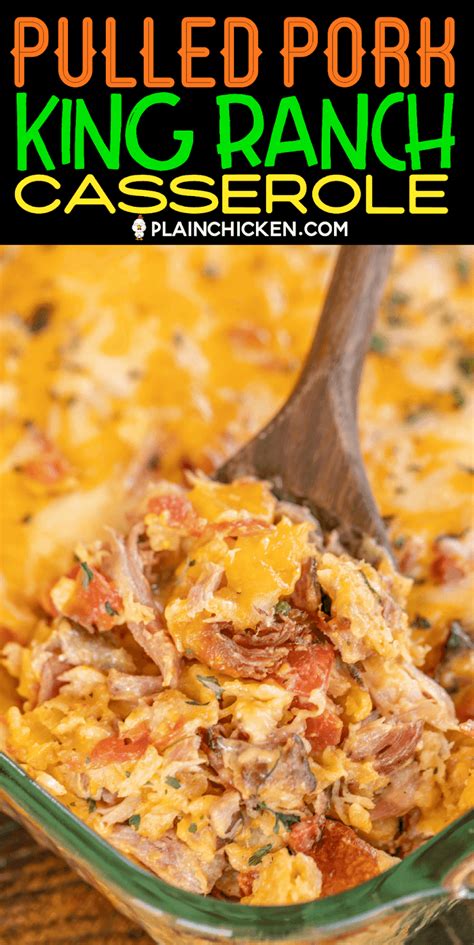 You will have plenty of leftovers for the rest of the week's suppers. Pulled Pork King Ranch Casserole - a delicious twist on a classic Tex-Mex dish! This isn't fancy ...