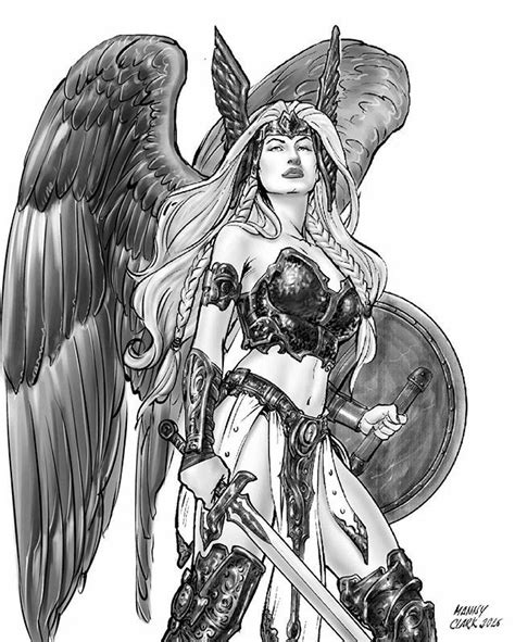 The angels in norse mythology were the valkyries who were believed to be the inspiration for viking shieldmaiden or viking female warriors. Valkyrie by Manny Clark #valkyrie #mithology #fantasy # ...