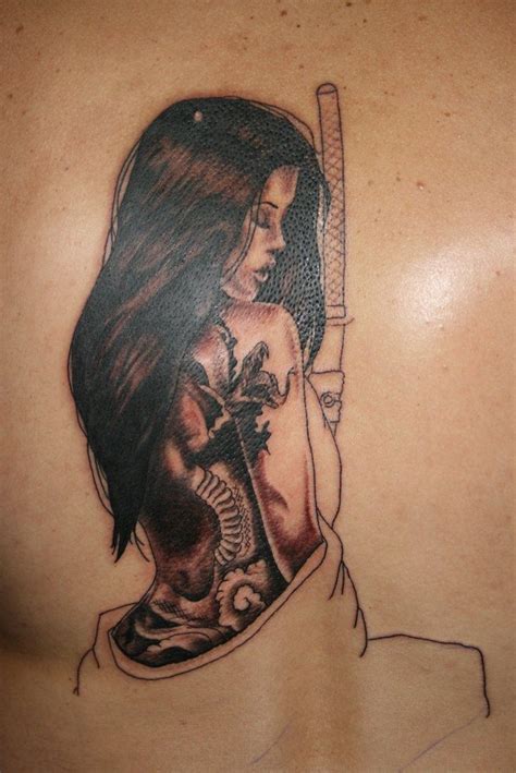 Uncolored rose side tattoo for women. right side tattoo - female samurai representing strength ...