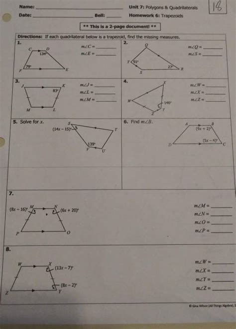Algebra answer key unit 8 homework 9 unit 6 similar triangles homework 4 parallel lines & proportional parts answer key unit pre test assessment complete 32.5% introduction to polygons module 3 of 3 mastered 100% summin unit pre test assessment complete. Unit 7 polygons & quadrilaterals homework 6: trapezoids Gina Wilson answer key