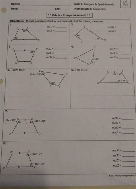 Completed notes pages have math content. Unit 7 polygons & quadrilaterals homework 6: trapezoids ...