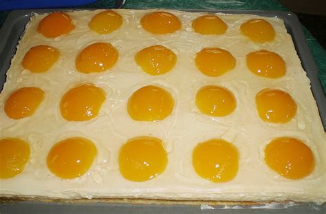 Kuchen in stücke schneiden und jeweils eine halbierte aprikose in die mitte geben. Spiegeleierkuchen vom Blech von Simone32 | Chefkoch.de