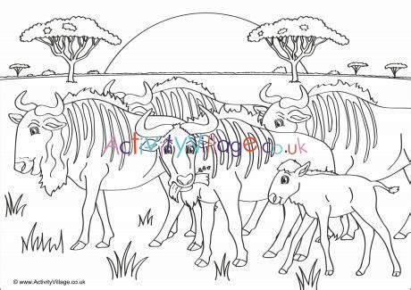 The blue wildebeest and the black wildebeest. Wildebeest Scene Colouring Page