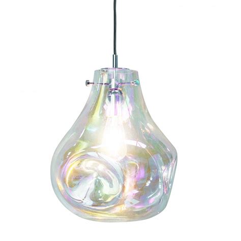 Handmade blown glass overhead lighting like chandeliers, linear suspensions, and pendants in spaces with higher ceilings, add one foot of drop height for every additional foot of ceiling height. Lava Blown Glass Ceiling Pendant Light | Iridescent & Chrome