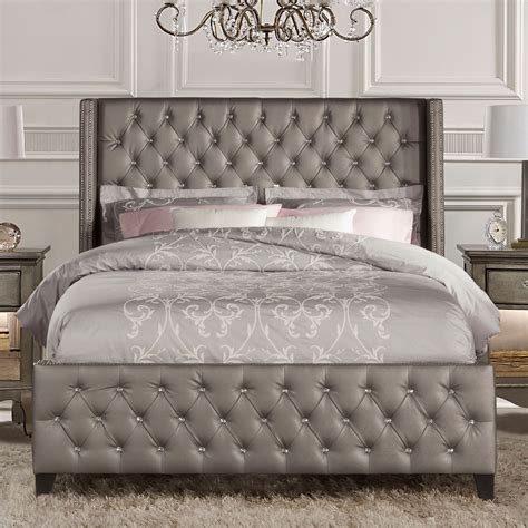The dark grey square stitched upholstery adds softness and provides a classic framework for your mattress. Smyrna Jeweled Gray Faux Leather Tufted Upholstered Bed Frame