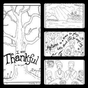 Printout coloring page of holiday church dinner and prayer. Thanksgiving Coloring Pages (Free Printable for Kids)