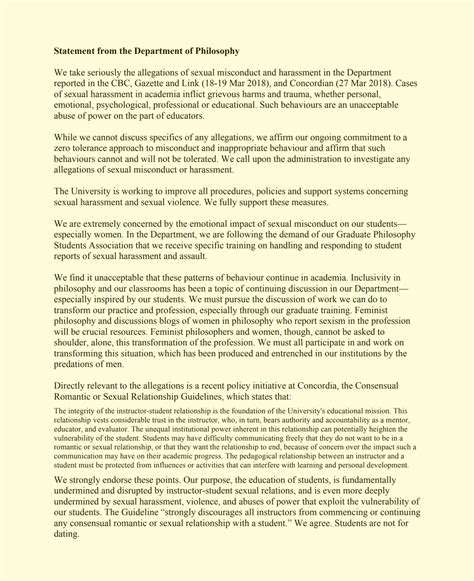 I have attached my resume for your review and consideration. Concordia Philosophy Faculty Response to Sexual Harassment Allegations - Daily Nous