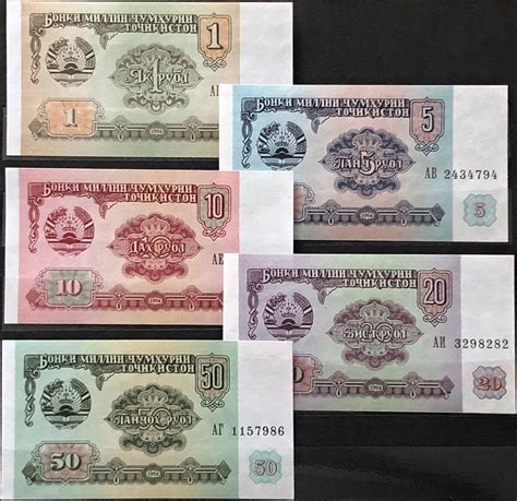 Aud australia australian dollar / $ au 1 usd=1.356852 aud: Tajikistan 1+5+10+20+50 Rubles 1994 Pick 1-5 UNC Paper ...