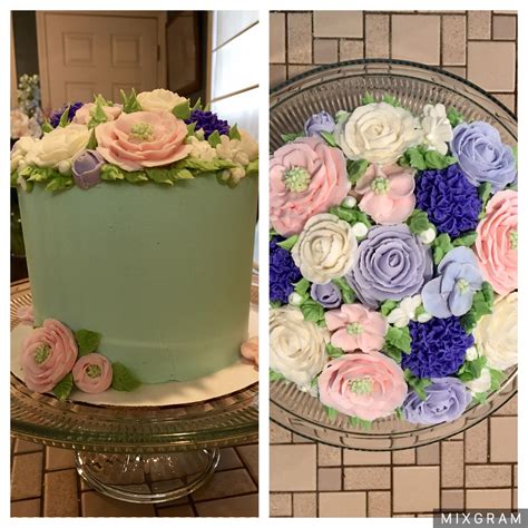 Flower cutouts, textured leaf cutouts and a simply buttercream reverse shell border. Homemade Mother's Day cake. Devils food cake decorated ...