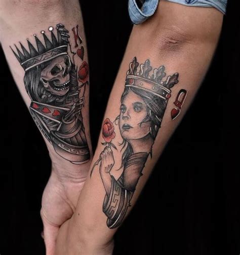 Colorful king and queen card tattoos 165+ Matching King And Queen Tattoos For Couples (2021)