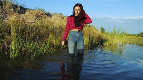 Wetlook, wetfoto, brunette, messy, mud, dirty, wet girl, wet hair, get wet, fully clothed, wet clothes, wet tight jeans, pantyhose, shirt, socks, river preview for photoset 220. Wetlook by Brunette Girl in Soaking Wet Jeans, Shirt and ...
