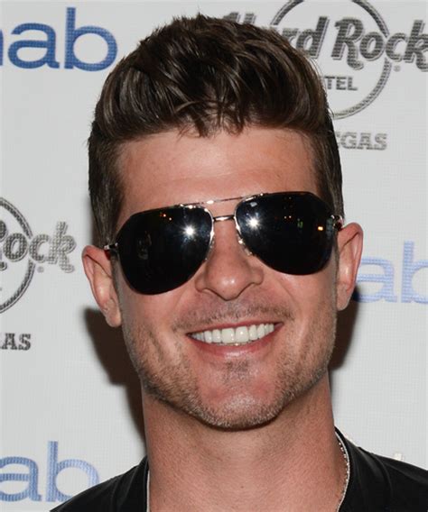 Sure, the socks were high — but so was his hair. Robin Thicke Short Straight Ash Brunette Hairstyle