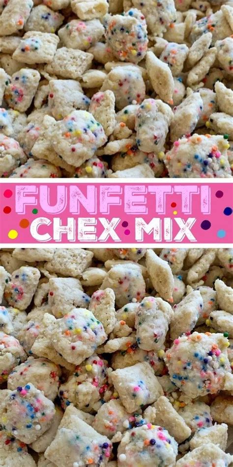 Mix everything together with a spatula, and then pour the chocolate coated cereal and 3/4 cup of powdered sugar in a bag. Funfetti Chex Mix | Muddy Buddys | Puppy Chow Recipe ...