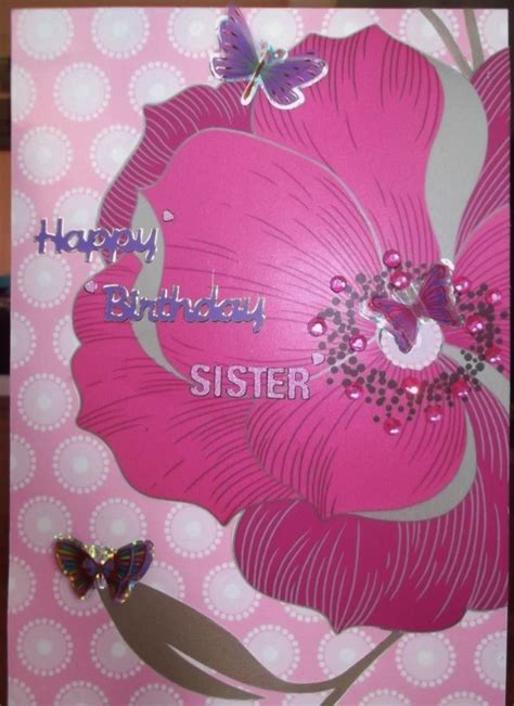 Happy birthday sister purple flowers. Sister Birthday card, huge pink flower with small purple ...