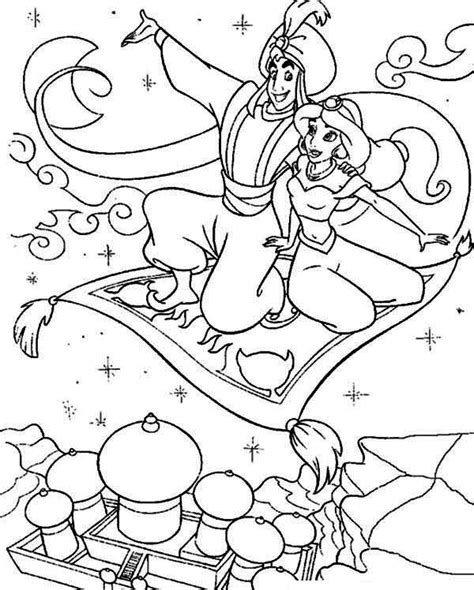 Download, print and color the coloring pages with your favorite characters: Aladdin Showing Jasmine the Whole Agrabah from Above ...