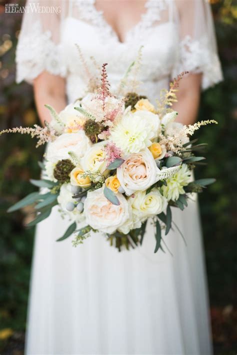 A pale bouquet with pale eucalyptus, white blooms. 1950s Botanical Montreal Wedding | Garden theme wedding ...