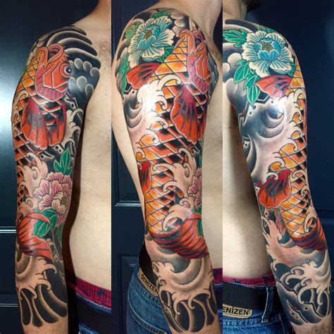 Koi is a japanese word that translates as carp and koi fish can also be referred to as cap fish. Traditional Japanese 3/4 sleeve by Frankie C at Kings Ave, NY : tattoos