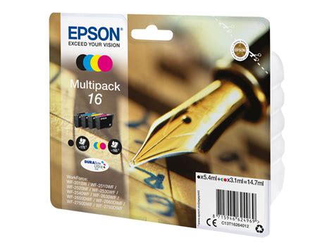 Quantité de nos cartouches rechargeables 4 couleurs x 12,5 ml = 50 ml pour information les 4 cartouches originales epson contiennent 16,4 ml. Epson 16 Stylo plume - Pack de 4 - noir, cyan, magenta ...