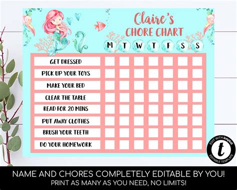 Mermaid Chore Chart Editable Kids Chore Chart Reward Chart For | Etsy in 2021 | Chore chart 