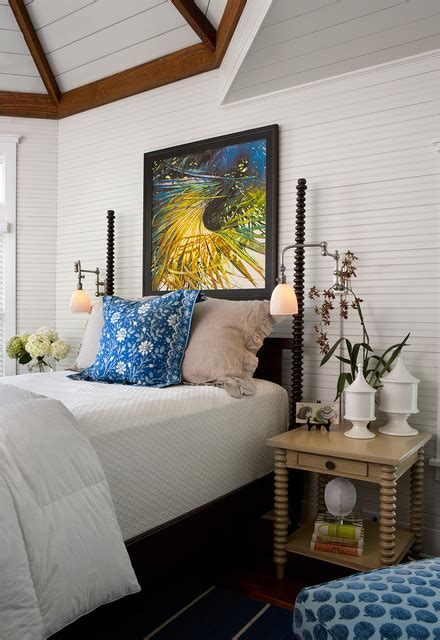 The most common beach house interior material is stretched canvas. SULLIVAN'S ISLAND BEACH HOUSE - Beach Style - Bedroom - charleston - by HEIDI WALKER INTERIOR DESIGN