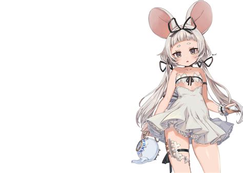 She wore a light pink shirt with a purple collar, a dark purple skirt, long dark purple socks and a dark purple hat, to cover her cat ears, which is decorated by a black ribbon and two white balls. animal ears blush bow choker dress flat chest gray eyes gray hair loli long hair mousegirl ...